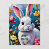 花に囲まれた愛らしい白い鮮やかバニー ポストカード (正面)