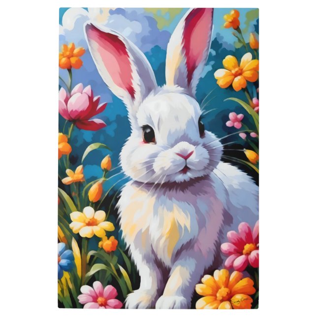 花に囲まれた愛らしい白い鮮やかバニー メタルプリント (正面)