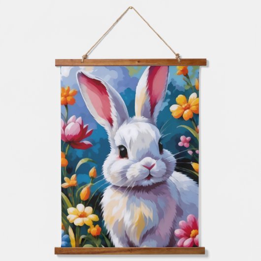 花に囲まれた愛らしい白い鮮やかバニー 吊り下げ型タペストリー (正面)