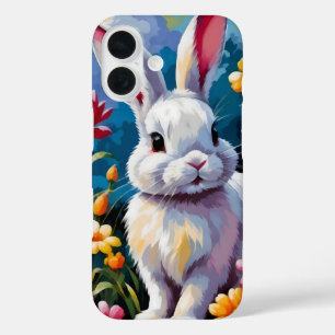 花に囲まれた愛らしい白い鮮やかバニー iPhone 16ケース
