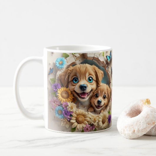 花に囲まれた母の日の子犬カラフルたち コーヒーマグカップ (ドーナツ)