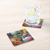 花に囲まれた湖で白鳥 スクエアペーパーコースター (インサイチュ)