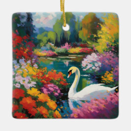 花に囲まれた湖で白鳥 セラミックオーナメント