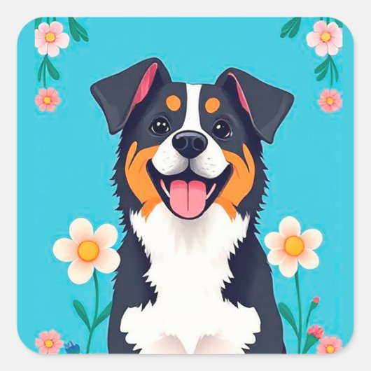 花に囲まれた漫画の犬 スクエアシール (正面)