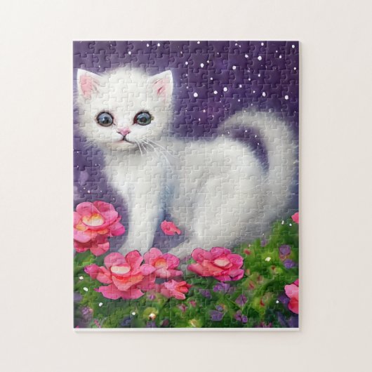 花に囲まれた白い子猫 ジグソーパズル (縦)