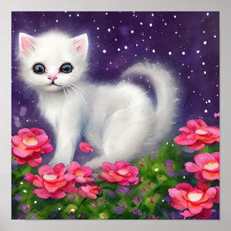 花に囲まれた白い子猫 ポスター