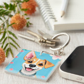 花に囲まれた笑顔のキャラクター犬 キーホルダー (正面右)