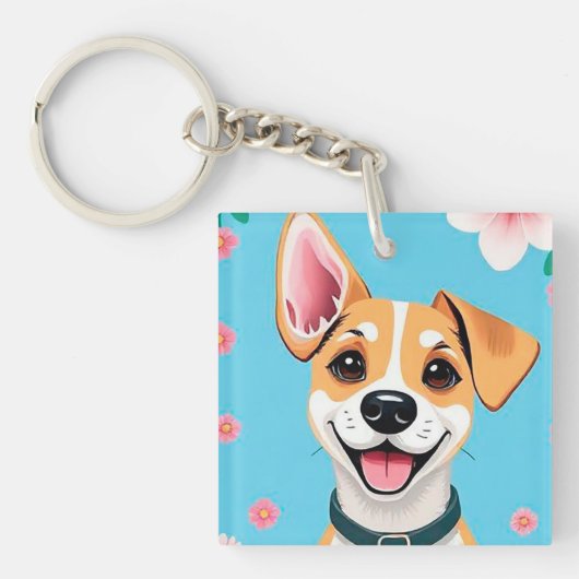 花に囲まれた笑顔のキャラクター犬 キーホルダー (正面)