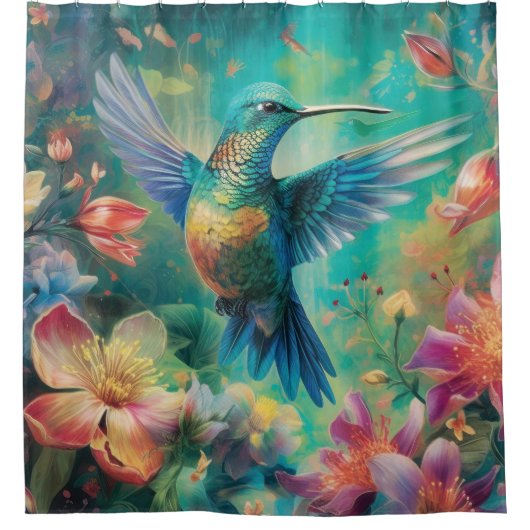 花に囲まれた美しいハミングバード シャワーカーテン (正面)