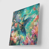 花に囲まれた美しいハミングバード スクエア壁時計 (傾斜)