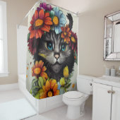 花に囲まれた青い目をしたハッピーネコ シャワーカーテン (インサイチュ)