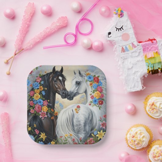 花に囲まれた馬のイラストの紙皿 ペーパープレート (パーティー)