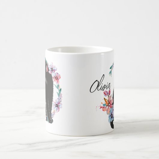 花に囲まれた黒猫 コーヒーマグカップ (中央)