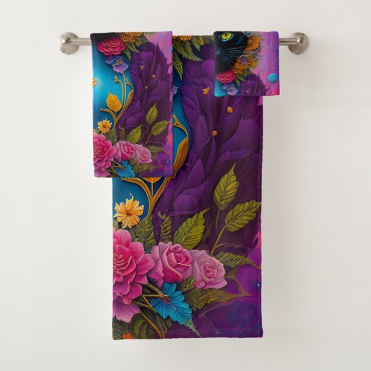 花に囲まれた黒猫 バスタオルセット (インサイチュ)