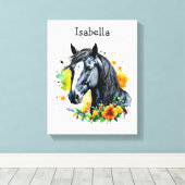 花に囲まれた黒馬パーソナライズされた キャンバスプリント (インサイチュ (ウッドフロア))