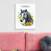 花に囲まれた黒馬パーソナライズされた キャンバスプリント (インサイチュ (リビング))