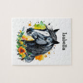 花に囲まれた黒馬パーソナライズされた ジグソーパズル (横)