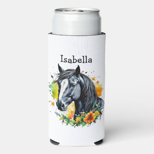 花に囲まれた黒馬パーソナライズされた スリム缶クーラー (Seltzer裏面)