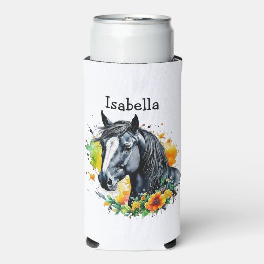 花に囲まれた黒馬パーソナライズされた スリム缶クーラー (Seltzer正面)