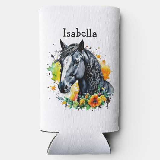 花に囲まれた黒馬パーソナライズされた スリム缶クーラー (裏面)