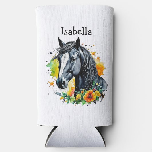 花に囲まれた黒馬パーソナライズされた スリム缶クーラー (正面)