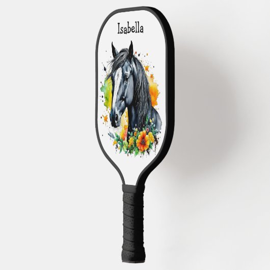 花に囲まれた黒馬パーソナライズされた ピックルボールラケット (左)