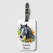 花に囲まれた黒馬パーソナライズされた ラゲッジタグ (正面縦)