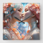 花に囲キスをするまれた2つの姿 スクエア壁時計 (正面)