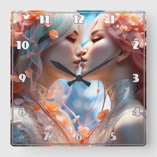 花に囲キスをするまれた2つの姿 スクエア壁時計 (正面)