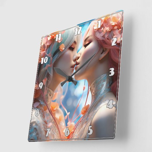 花に囲キスをするまれた2つの姿 スクエア壁時計 (傾斜)