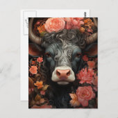花に巻き毛がある灰色の牛 ポストカード (正面/裏面)