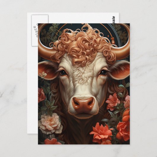 花に巻き毛が生えた牛 ポストカード (正面/裏面)