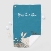 花に座ったふわふわの白うさぎ青 ゴルフタオル (インサイチュ)