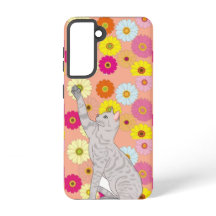 花に手を伸ばす灰色の猫 Samsung Galaxyケース