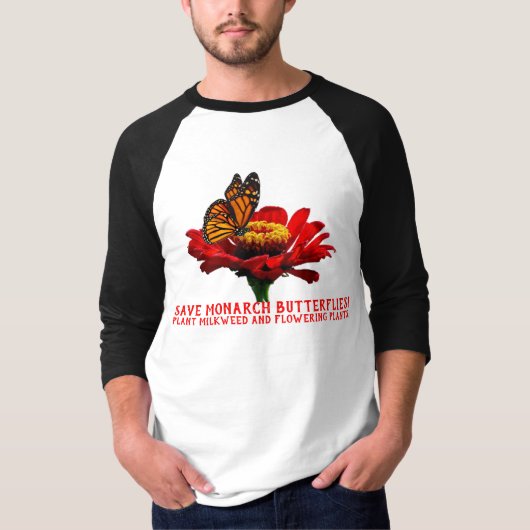 花に止まるアメリカ君主蝶 Tシャツ (正面)