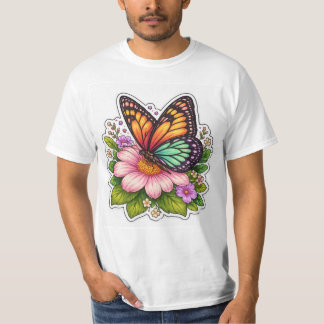 花に止まるカラフルな蝶の絵 Tシャツ