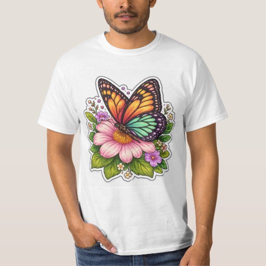 花に止まるカラフルな蝶の絵 Tシャツ (正面)