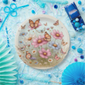 花に蝶の羽ばたき円形プレート ペーパープレート (パーティー)