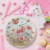 花に蝶の羽ばたき円形プレート ペーパープレート (パーティー)