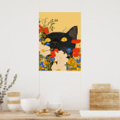 花に隠れる黒猫 ポスター (キッチン)