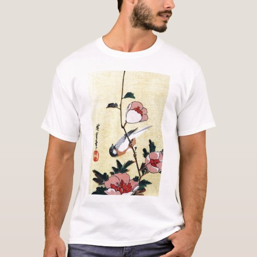 花に鳥、広重鳥と花、広重、浮世絵 Tシャツ (正面)