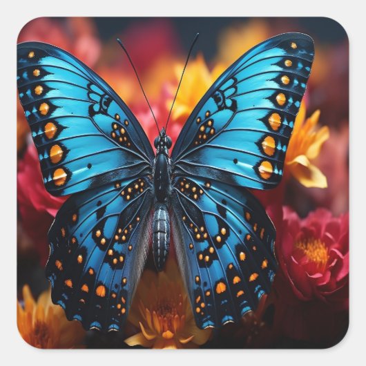 花に黒いオレンジ色の斑点がある青い蝶 スクエアシール (正面)