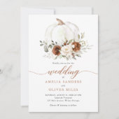 花のあるサビ色のオレンジ色の秋のグリーンウェディング 招待状 (正面)