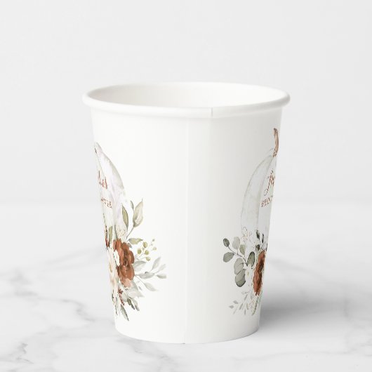 花のあるサビ色のグリーンとパンプキンの秋の花嫁シャワー 紙コップ (右)