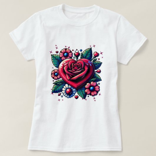 花のあるバラのハート Tシャツ (デザイン正面)