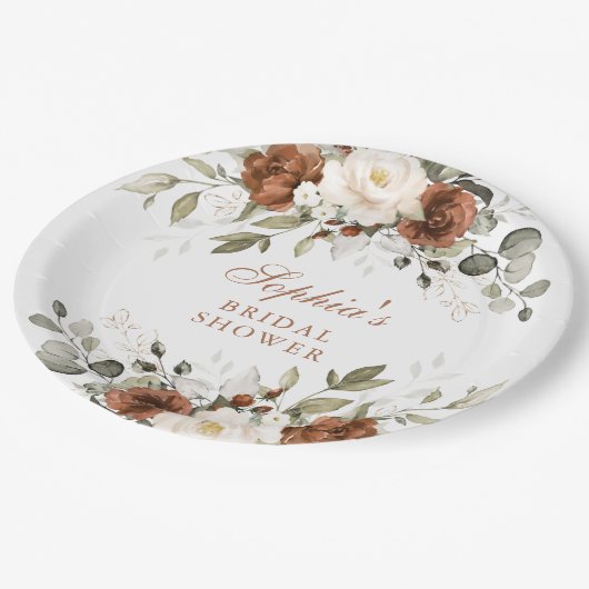 花のあるラスティックなクリーム色とグリーンのゴールドのブライダルシャワープレート ペーパープレート (アングル)