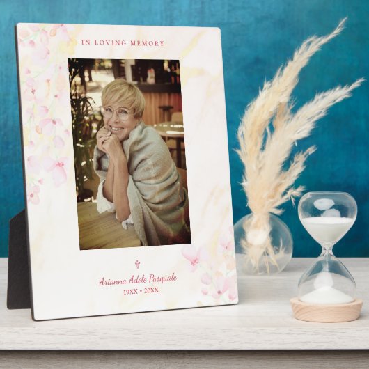 花のある伝統的で優雅なピンクの写真の葬儀 フォトプラーク (側面)