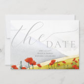 花のある山のポピーウェディング 3 枚の写真の保存日付 招待状 (正面)