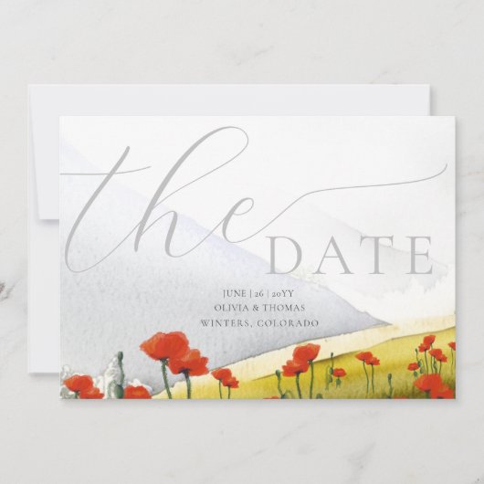 花のある山のポピーウェディング 3 枚の写真の保存日付 招待状 (正面)