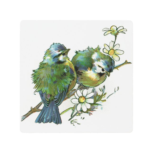 花のある枝の鳥のヴィンテージ自然 メタルプリント (正面)